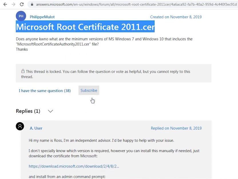 С официального сайта Microsoft скачиваем файл Microsoft Root Sertificate 2011.cer